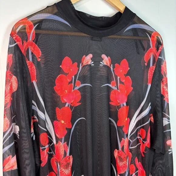 City Chic Bodysuit XXL Women's 24 Black Red Floral Sheer Mesh Mock Neck Stretch - Picture 2 of 8